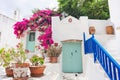 Greece travel landscape, traditional greek house with flowers in Paros island Royalty Free Stock Photo