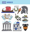 Greece travel tourism landmark symbols and Greek tourist culture attractions vector icons