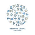 Greece Travel and Tourism Round Design Template Color Thin Line Icon Concept. Vector Royalty Free Stock Photo