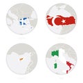 Greece, Turkey, Cyprus, Italy map contour and national flag in a circle