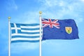 Greece and Turks and Caicos Islands two flags on flagpoles and blue sky