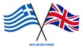 Greece and United Kingdom Flags Crossed And Waving Flat Style. Official Proportion. Correct Colors