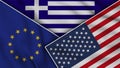 Greece United States of America European Union Flags Together Fabric Texture Illustration