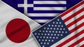 Greece United States of America Japan Flags Together Fabric Texture Illustration