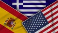 Greece United States of America Spain Flags Together Fabric Texture Illustration