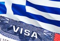 Greece Visa Document, with Greece flag in background. Greece flag with Close up text VISA on USA visa stamp in passport,3D Royalty Free Stock Photo