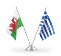 Greece and Wales table flags isolated on white 3D rendering