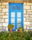 Greece, wooden blue window of traditional stone house Royalty Free Stock Photo