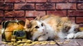 Greed motley fluffy cat guarding a mountain of coins and piggy bank Royalty Free Stock Photo