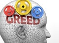 Greed and human mind - pictured as word Greed inside a head to symbolize relation between Greed and the human psyche, 3d Royalty Free Stock Photo