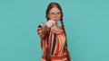 Greedy avaricious aggressive redhead girl showing fig negative gesture, rapacious, avaricious Royalty Free Stock Photo