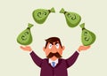 Rich Banker Man Juggling with Money Bags Vector Cartoon Illustration