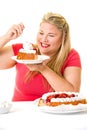 Greedy blond woman with fattening cream cakes