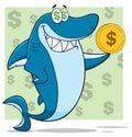 Greedy Blue Shark Cartoon Mascot Character Holding A Golden Dollar Coin Royalty Free Stock Photo