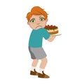 Greedy Boy Not Sharing Cake, Part Of Bad Kids Behavior And Bullies Series Of Vector Illustrations With Characters Being