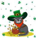 Greedy Cat dressed as a leprechaun and gold. Poster St. Patrick`s Day