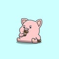 greedy cute pig eating donuts