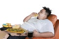 Greedy fat man eats burger on the sofa