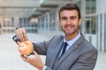 Greedy man saving his money Royalty Free Stock Photo