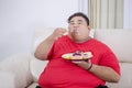 Greedy obese man eats a plate of donuts on couch
