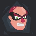 A picture of a balding thief wearing a mask that smiles with dollar signs in his eyes