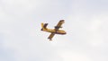 A Greek amphibious firefighting Canadair turboprop engine water-bomber with red and yellow camouflage loading with saltwater on