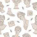 Greek ancient sculpture seamless pattern. Classic greek sculptures, antique marble heads and body parts flat vector background Royalty Free Stock Photo