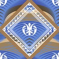 Greek ancient style beautiful ornamental 3d seamless pattern. Striped curved lines and waves colorful vector background. Pigtail