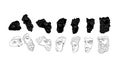 Greek antique face statues of a gods and a heros, vector black white line and solid silhouettes ancient greece