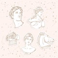 Greek Antique statue, ancient sculpture line art sticker set. Vector Gold Stars in light galaxy sky. Head, horse, column