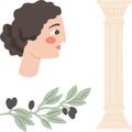 Greek antique woman portrait, olive branch, and Mediterranean column. Travel or vacation concept. Royalty Free Stock Photo