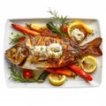 Greek baked whole fish with Mediterranean herbs and lemon slices, with roasted vegetables and tzatziki sauce, on a white