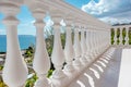 Greek balcony with balusters, sea view near Athens Royalty Free Stock Photo