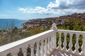 Greek balcony with balusters, sea view near Athens Royalty Free Stock Photo