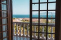 Greek balcony with balusters, sea view near Athens Royalty Free Stock Photo