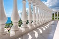 Greek balcony with balusters, sea view near Athens Royalty Free Stock Photo