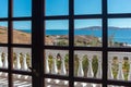 Greek balcony with closed window, sea near Athens Royalty Free Stock Photo