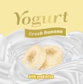 Greek Banana Yogurt with Probiotics Splash Label Badge Template. Vector