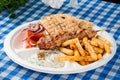 Greek souvlaki with pita bread and vegetables close-up on the table Royalty Free Stock Photo