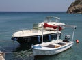 Greek Boats Moored in next to Mayros Gialos Beach in Chios, Greece Royalty Free Stock Photo
