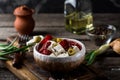 Greek cheese feta with herbs and olives, sundried tomatoes. Bulgarian cheese. Feta in oil. Olove oil. selective focus Royalty Free Stock Photo