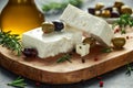 Greek cheese feta with thyme, rosemary and olives Royalty Free Stock Photo