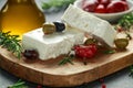 Greek cheese feta with thyme, rosemary, olives and stuffed red bell peppers Royalty Free Stock Photo