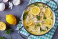 Greek chicken soup with lemon, top view
