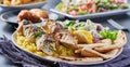 Greek chicken souvlaki platter with pita bread, salad and rice Royalty Free Stock Photo