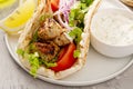 Greek chicken souvlaki on wooden skewers Royalty Free Stock Photo