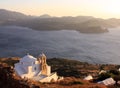 Greek church at sunset from Plaka castle on Milos island Royalty Free Stock Photo