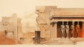 Greek Classical Temple Sketch By Paul Stefan: Interdisciplinary Installations In Light Orange And Dark Bronze Royalty Free Stock Photo