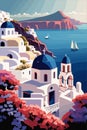 Greek coastal town streets color vector illustration. Summer holiday in Greece.