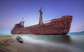 Greek coastline with the famous rusty shipwreck in Glyfada beach near Gytheio, Gythio Laconia Peloponnese. Royalty Free Stock Photo